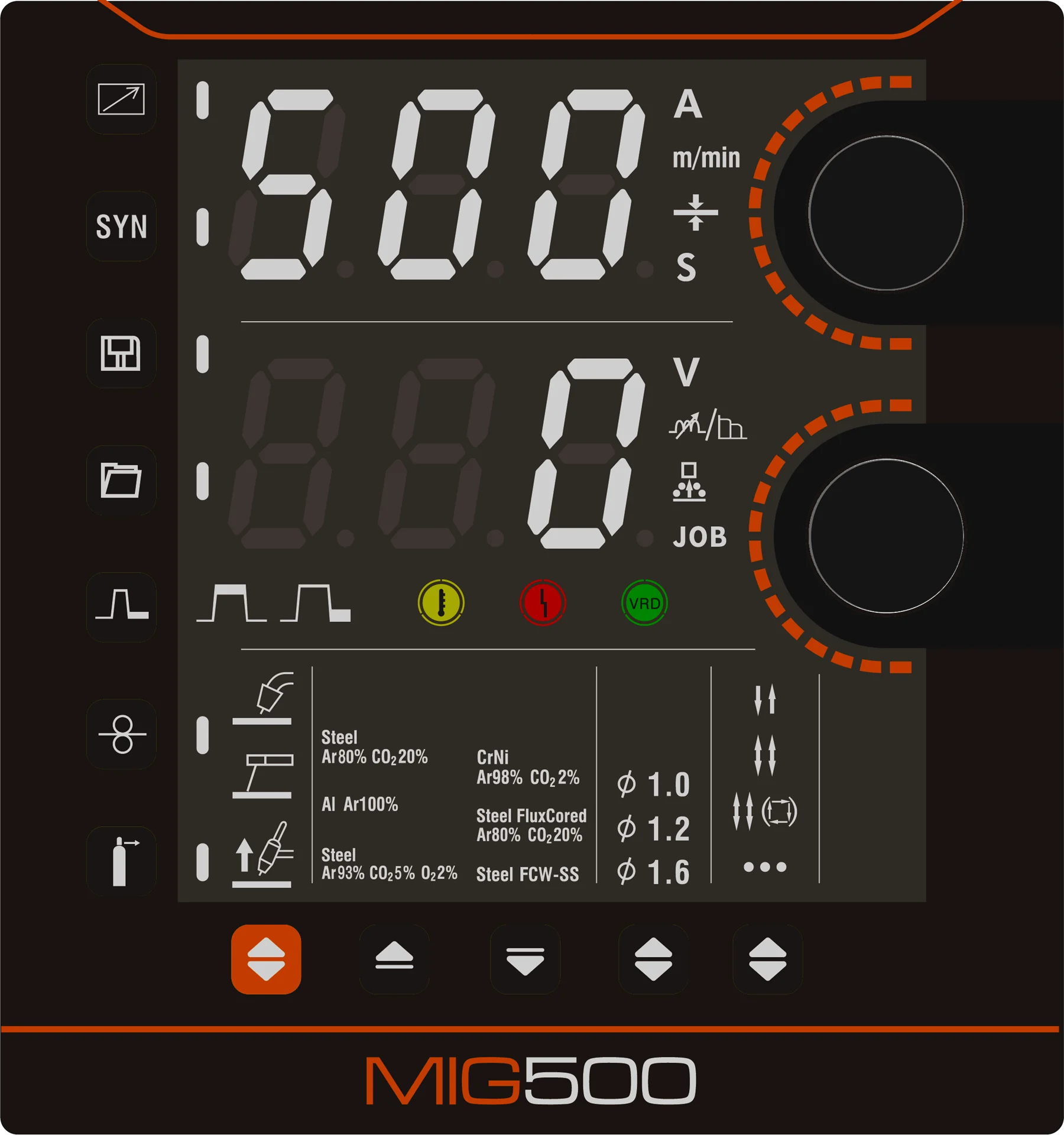 Digital control panel of the Jasic EM-500S EVO Mig Multi Process Separate Water Cooled 400v welding machine, displaying settings for amperage, wire speed, and material type. The user-friendly interface includes various symbols, buttons, and indicator lights to adjust welding parameters easily. Engineered for high-performance applications, this system supports separate water cooled operation to provide reliable and efficient welding across diverse materials.