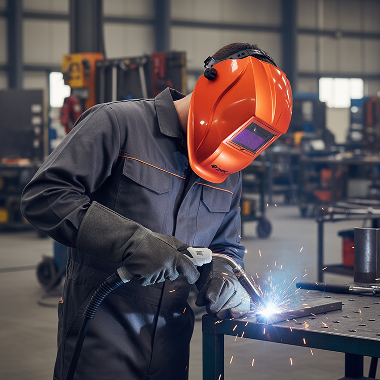 A person wearing a welding helmet and gloves is welding metal on a workbench in an industrial workshop, with sparks flying.