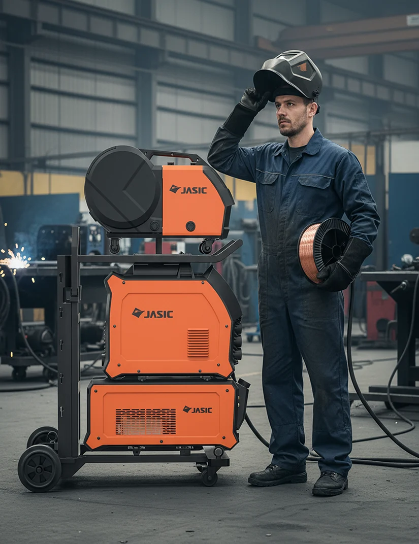 A man in a blue overall and welding helmet stands beside orange welding equipment, including the Jasic EM-500S EVO Mig Multi Process Separate Water Cooled 400v machine, holding a spool of welding wire in an industrial workshop setting.