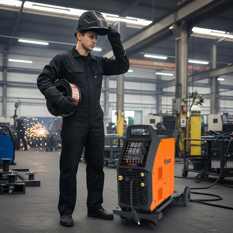 A worker in protective gear stands in a factory, holding welding wire and adjusting his helmet beside an orange welding machine, with sparks visible in the background.