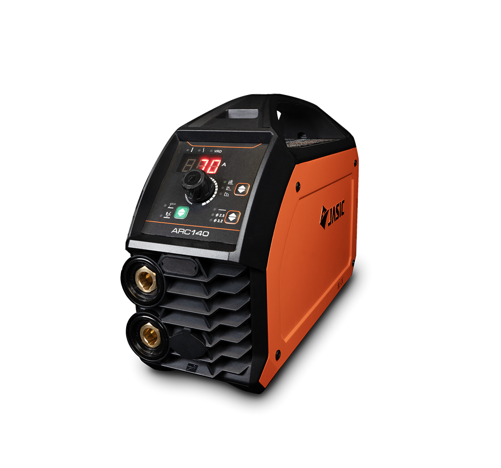 Orange and black portable welding machine with digital display, control knob, buttons, and two cable connectors on the front, set against a plain white background.