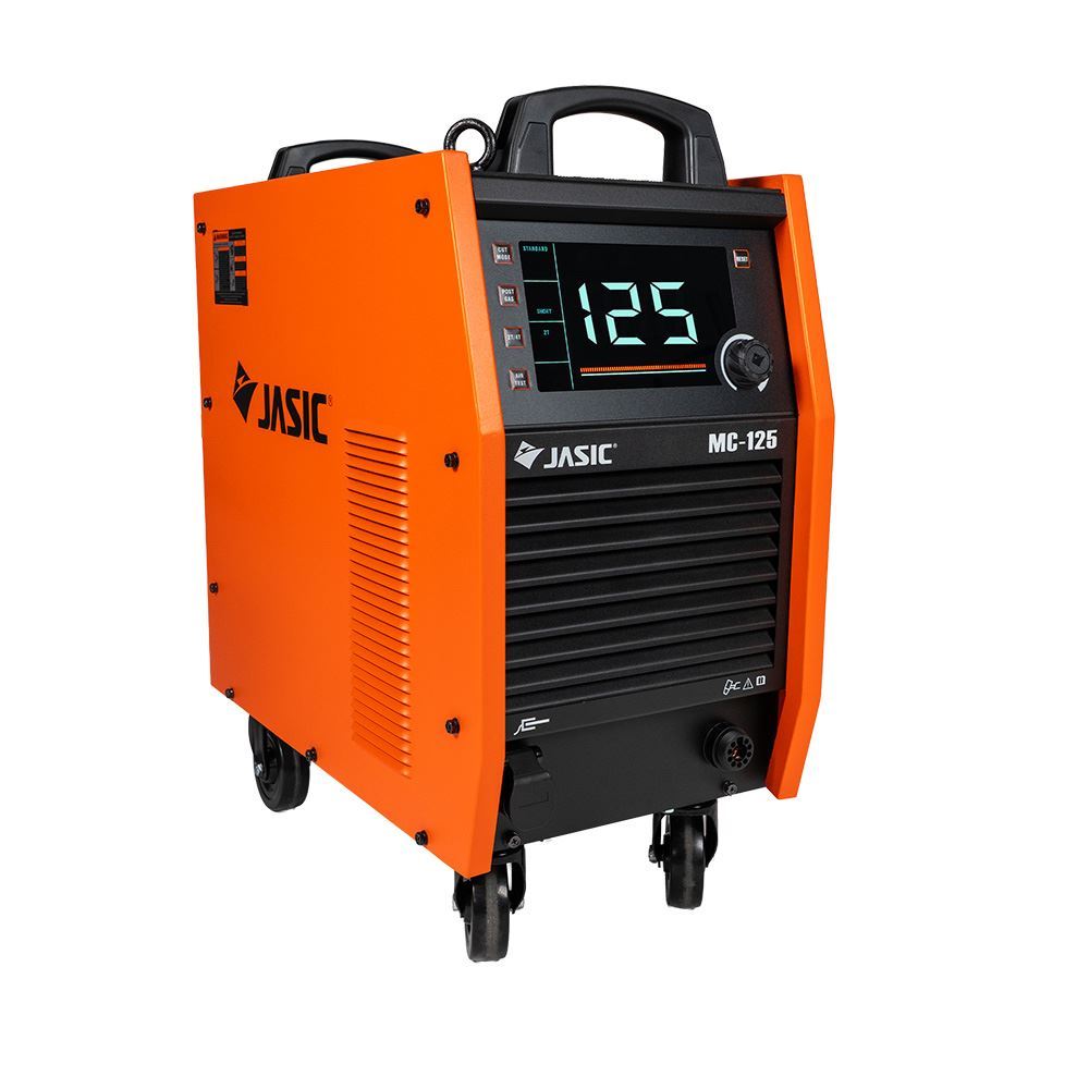 An orange Jasic MC-125 welding machine with a digital display showing 125, black handles on top, and four wheels for manoeuvrability.