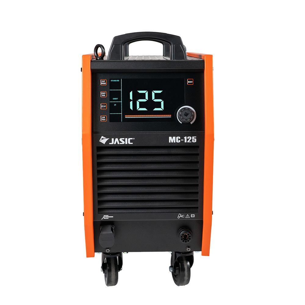 A Jasic MC-125 welding machine featuring a digital display showing 125, orange side panels, control buttons, carrying handle, and wheels for portability.