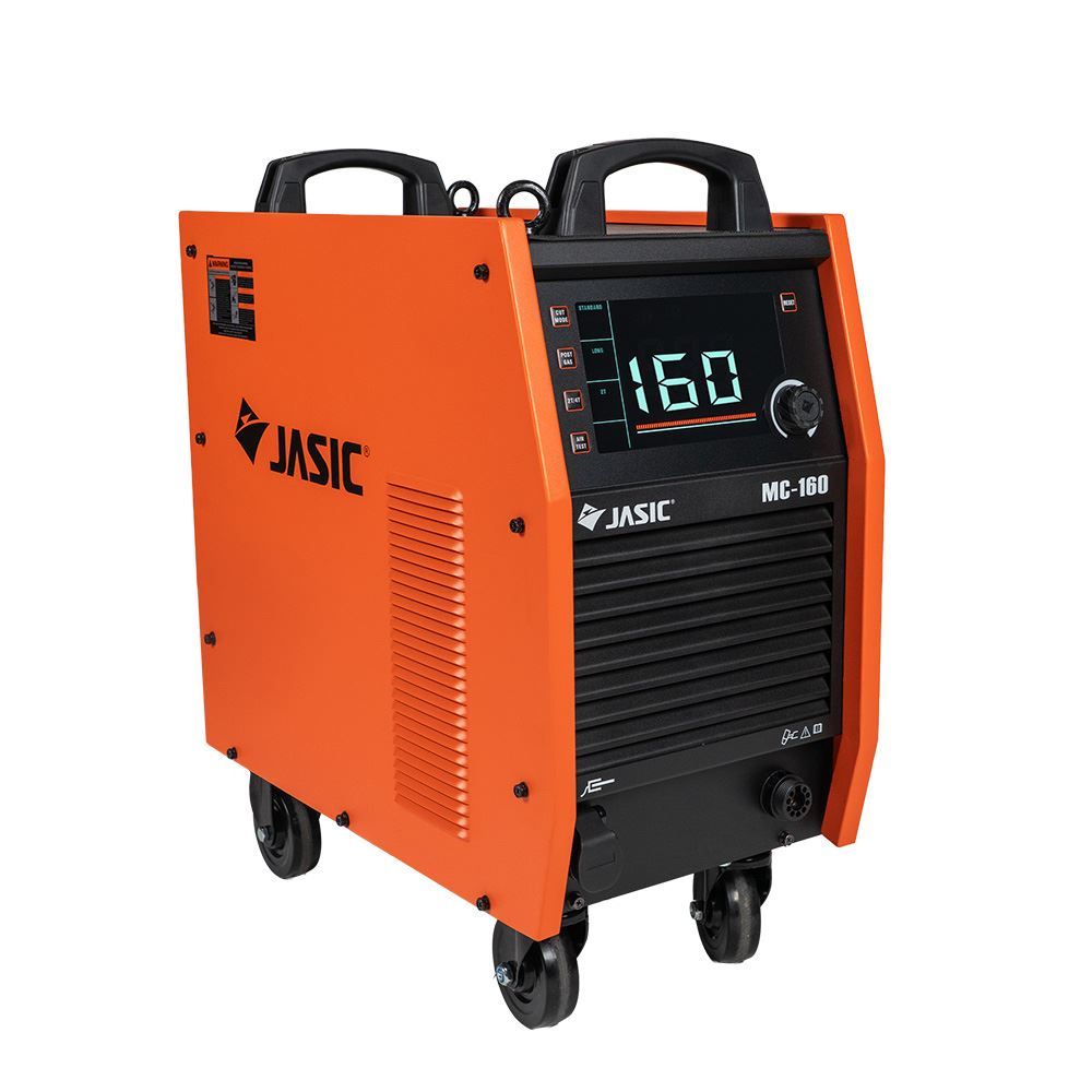 An orange JASIC MC-160 welding machine featuring a digital display showing 160, a black control panel, handles on top, and four wheels for manoeuvrability.