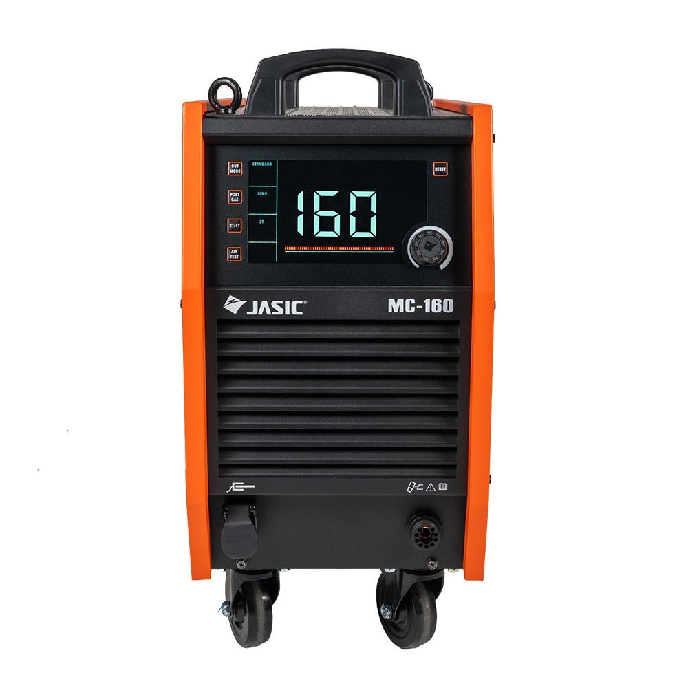Front view of an orange and black JASIC MC-160 welding machine on wheels, featuring a large digital screen showing 160, control buttons, and a prominent handle on top.