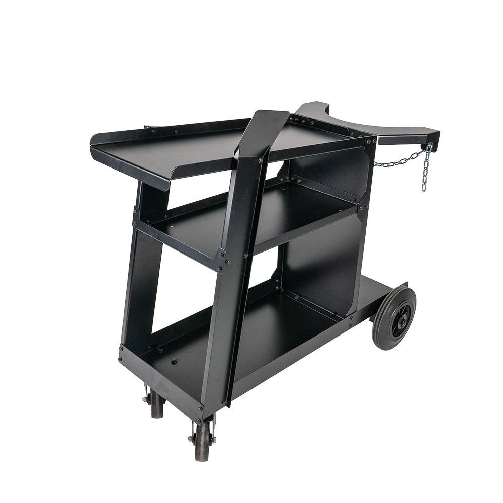 Black metal utility trolley with three shelves, two large rear wheels, two small front wheels, a handle, and a chain. The trolley is angled and designed for easy transport of tools or equipment.