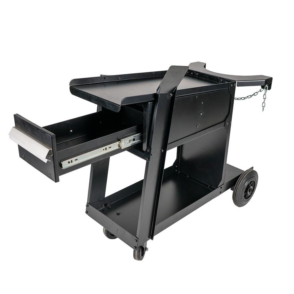 Black metal utility trolley with a side handle, a pull-out drawer, two large rear wheels, two small front castors, a lower shelf, and a side chain. The trolley is empty and on a white background.