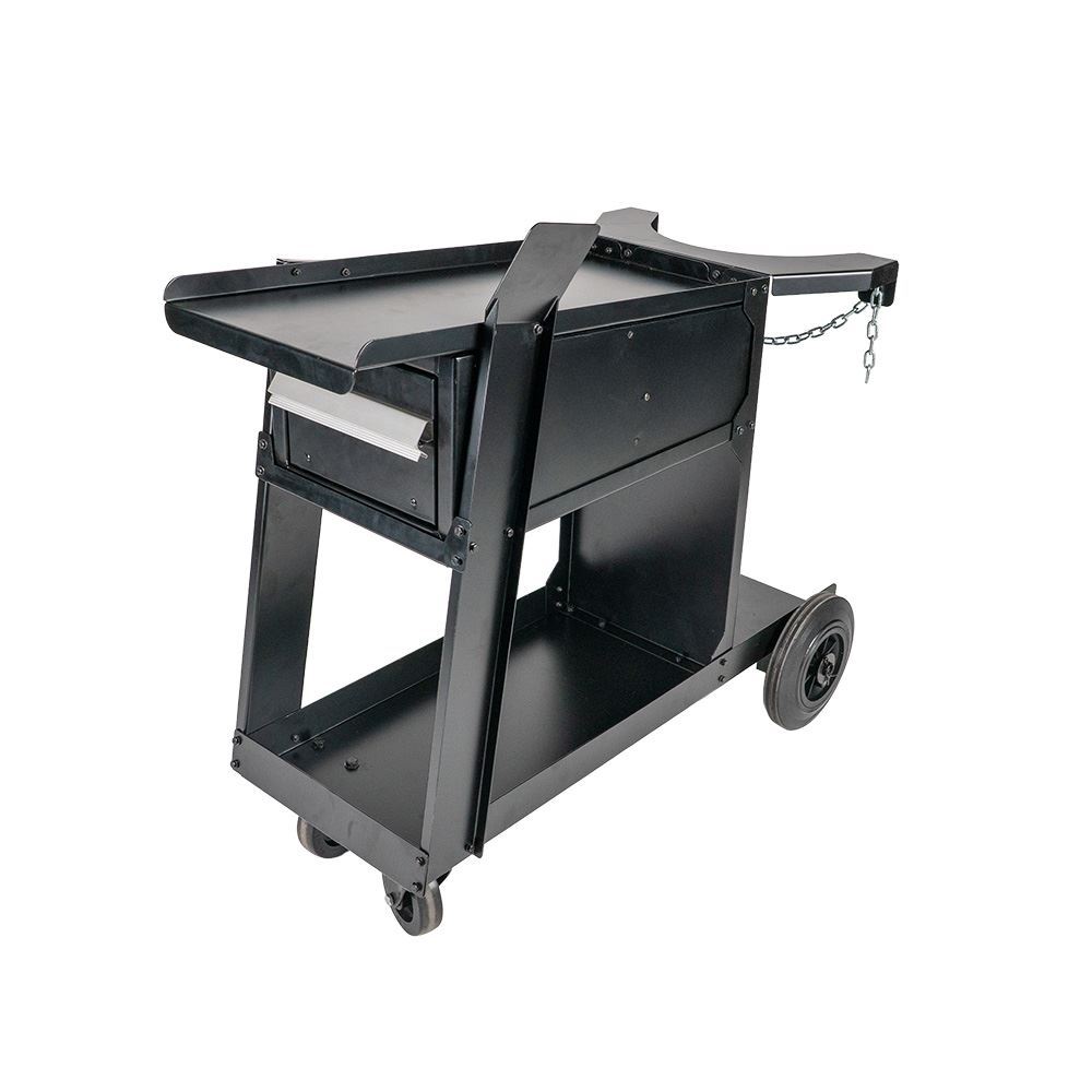 Black metal utility trolley with two shelves, a handle, side tray, and four wheels—two large at the back and two small at the front—on a white background.