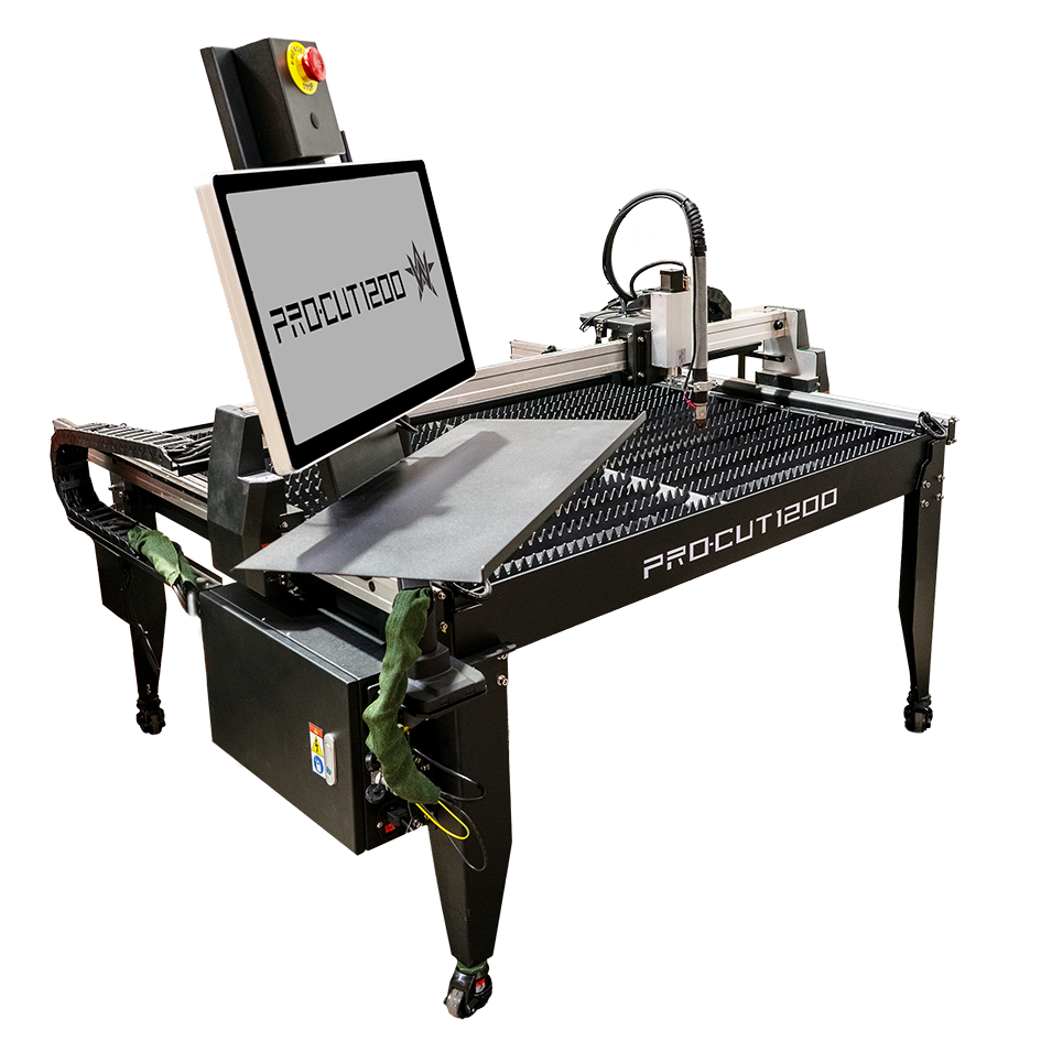 A black industrial CNC plasma cutting machine, the Jasic Pro Cut 1200 Cutting Table c/w Evo Plasma Cut 45, features a monitor, metal cutting bed, emergency stop button, and control panel—all mounted on castor wheels. This advanced system includes a sturdy cutting table designed for precise and efficient metal fabrication.