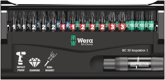 A Wera Bit-Check BC 30 Impaktor 1 set featuring multiple screwdriver bits in a black case with highlighted icons and a bit holder, each slot colour-coded for easy identification.