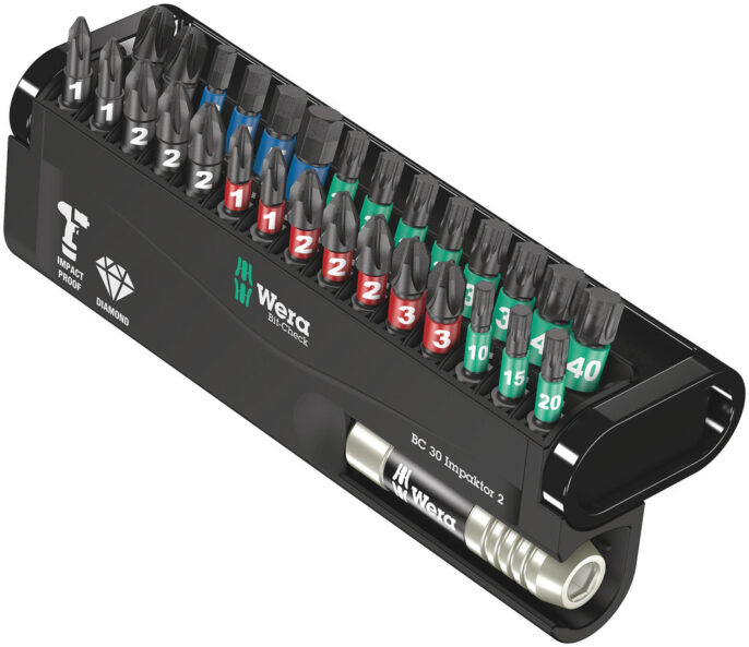 A black Wera bit set holder containing multiple screwdriver bits, each labelled with numbers and colours, along with a silver bit holder at the bottom.