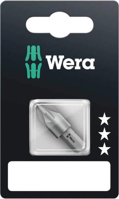 Wera branded packaging containing a single silver screwdriver bit displayed in a small plastic case, with three white stars on the right side.