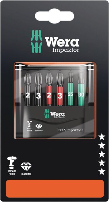 A Wera Impaktor Bit-Check set in black packaging, displaying six screwdriver bits with colour bands and numbered labels. Icons below indicate impact proof and diamond features.