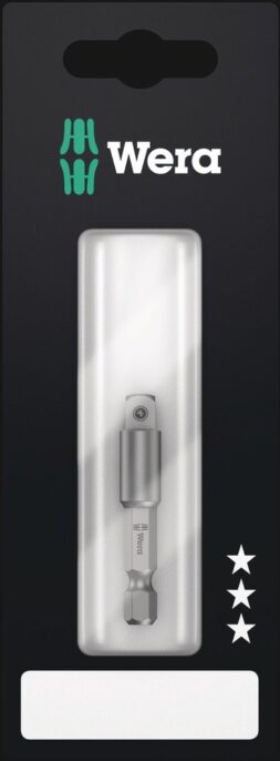 A Wera branded tool packaged in a black blister pack with three stars at the bottom right, displaying a single metallic adaptor or bit.