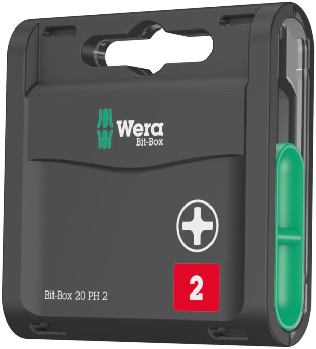 A black Wera Bit-Box 20 PH 2 case with a green catch, a white Phillips symbol, and a red square featuring the number 2. The case is designed to store screwdriver bits.