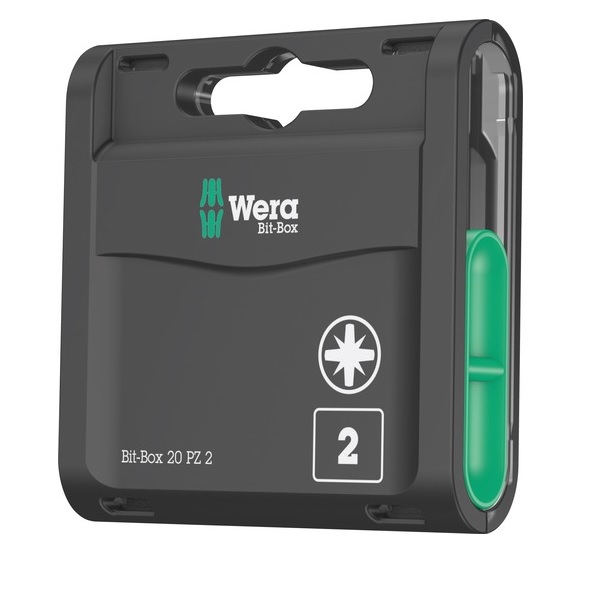 Black rectangular Wera Bit-Box 20 PZ 2 case with turquoise logo and a star symbol. The case has a visible green slider on the right side and a hanging slot at the top.