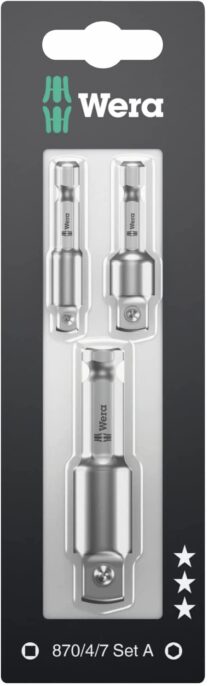 Wera-brand packaging containing three metallic screwdriver bit holders of varying lengths, displayed vertically in a clear plastic window.