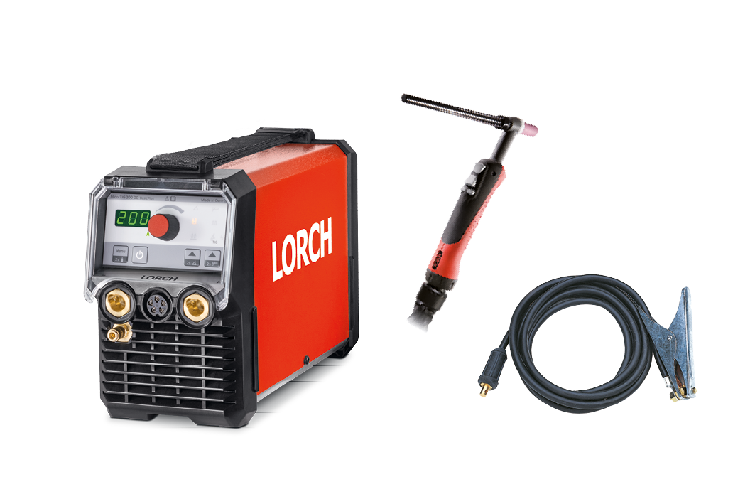 Red and black Lorch welding machine with digital display, a welding torch, and a cable with a clamp, all pictured on a plain white background.
