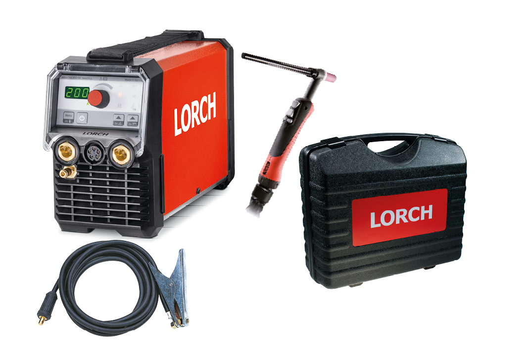 A red and black Lorch welding machine with a digital display, a TIG torch, a black cable with a clamp, and a black carrying case, all on a white background.