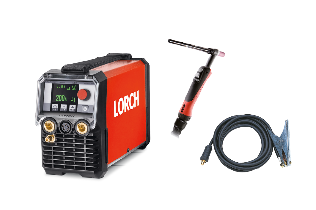 A red and black Lorch welding machine, a welding torch with a pink tip, and a long black cable with a clamp, all set against a plain white background.