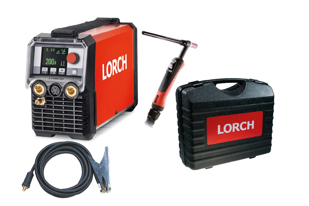 A red and black Lorch welding machine with a display, a welding torch, a black case, and a cable with a clamp, all on a white background.