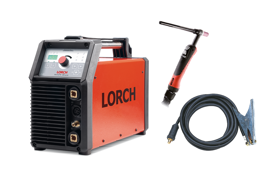 Red and black Lorch welding machine with digital display, accompanied by a welding torch and a black cable with a clamp, all set against a white background.