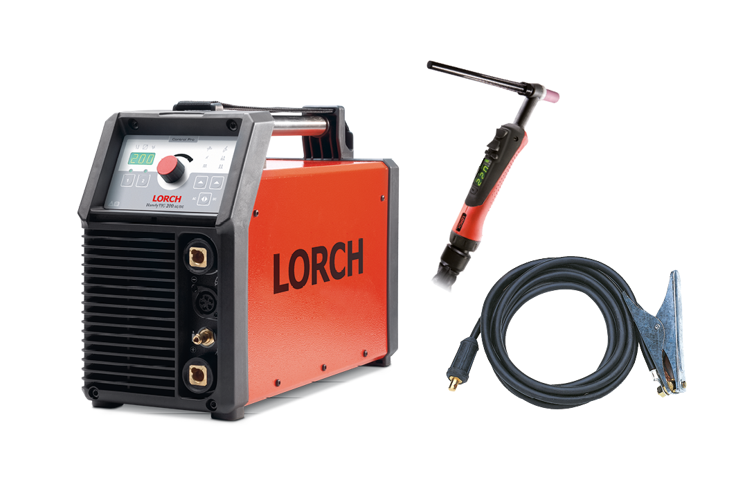 Red and black Lorch welding machine with digital display, a welding torch with black cable, and an earthing clamp with attached lead, all on a white background.