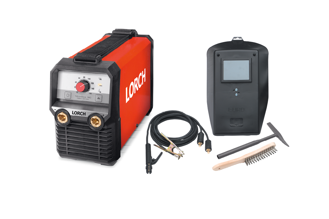 A red and black Lorch welding machine is displayed alongside a welding mask, cables, a wire brush, and a small hammer on a white background.