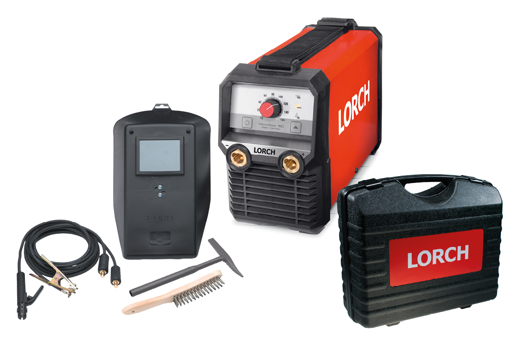 A red and black Lorch welding machine with a protective mask, cables, brush, hammer, and black carrying case displayed on a white background.