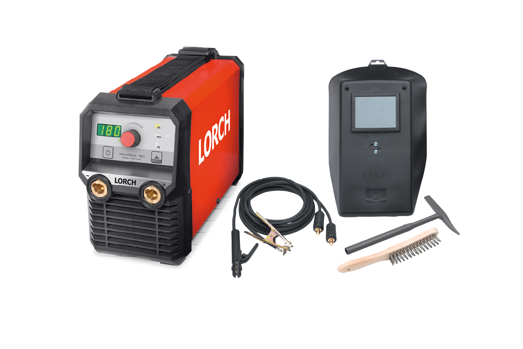 A red Lorch welding machine with digital display, accompanied by a welding mask, cables with clamps, a brush, and a small hammer, all on a white background.