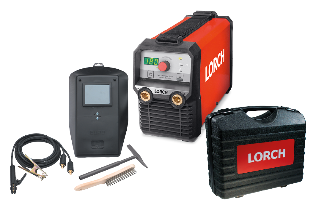 A red Lorch welding machine with a digital display, safety mask, cables, brush, hammer, and a black carrying case, all displayed on a light background.