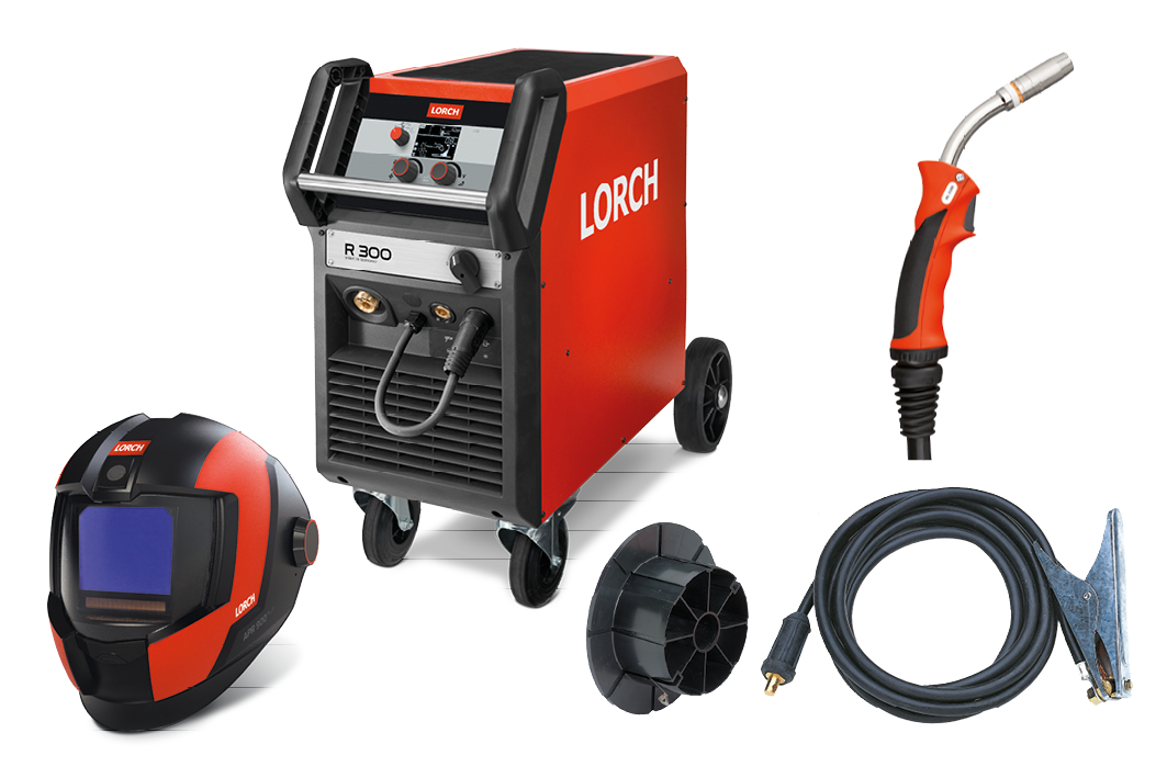 A red and black welding machine with a welding helmet, torch, cable, reel, and clamp, all on a white background.