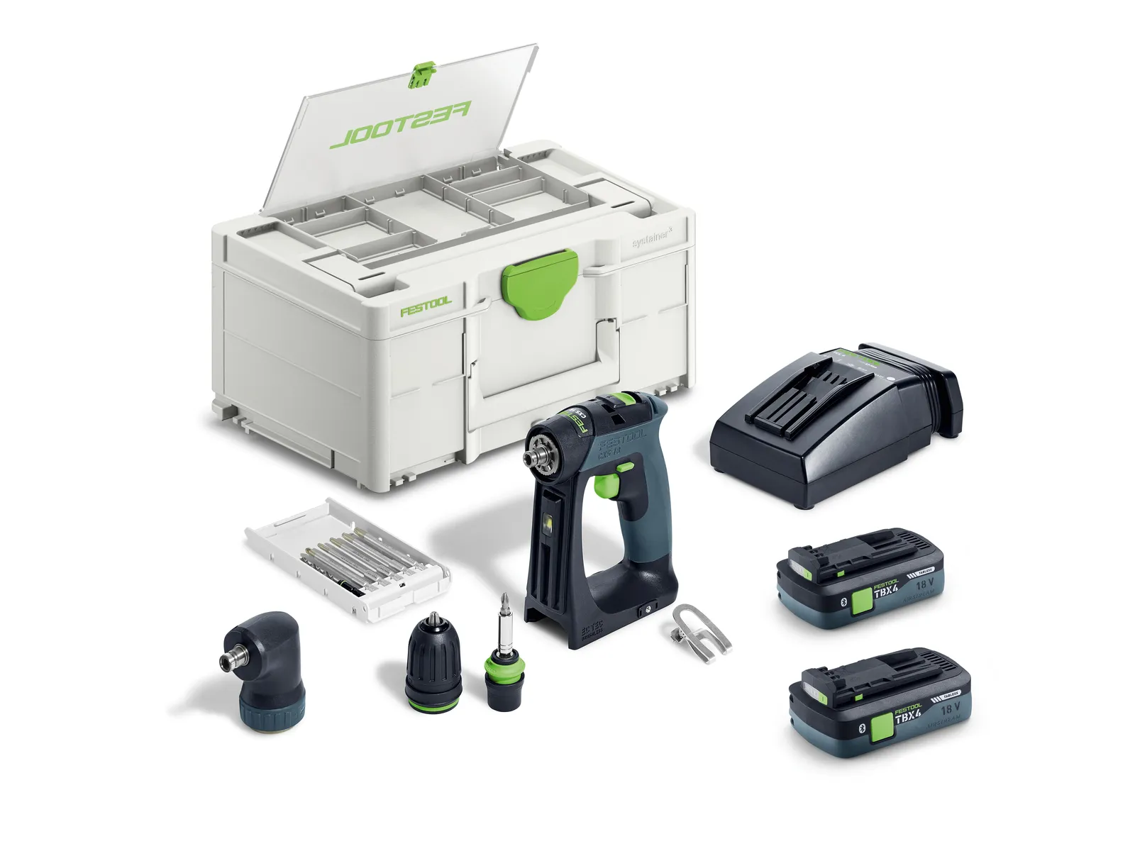 Festool 579353 Cordless Drill CXS 18 TBX 4.0 I-Set, which includes the drill, charger, two batteries, drill bits, and various attachments, all displayed next to a white and green Festool carrying case with a transparent lid.