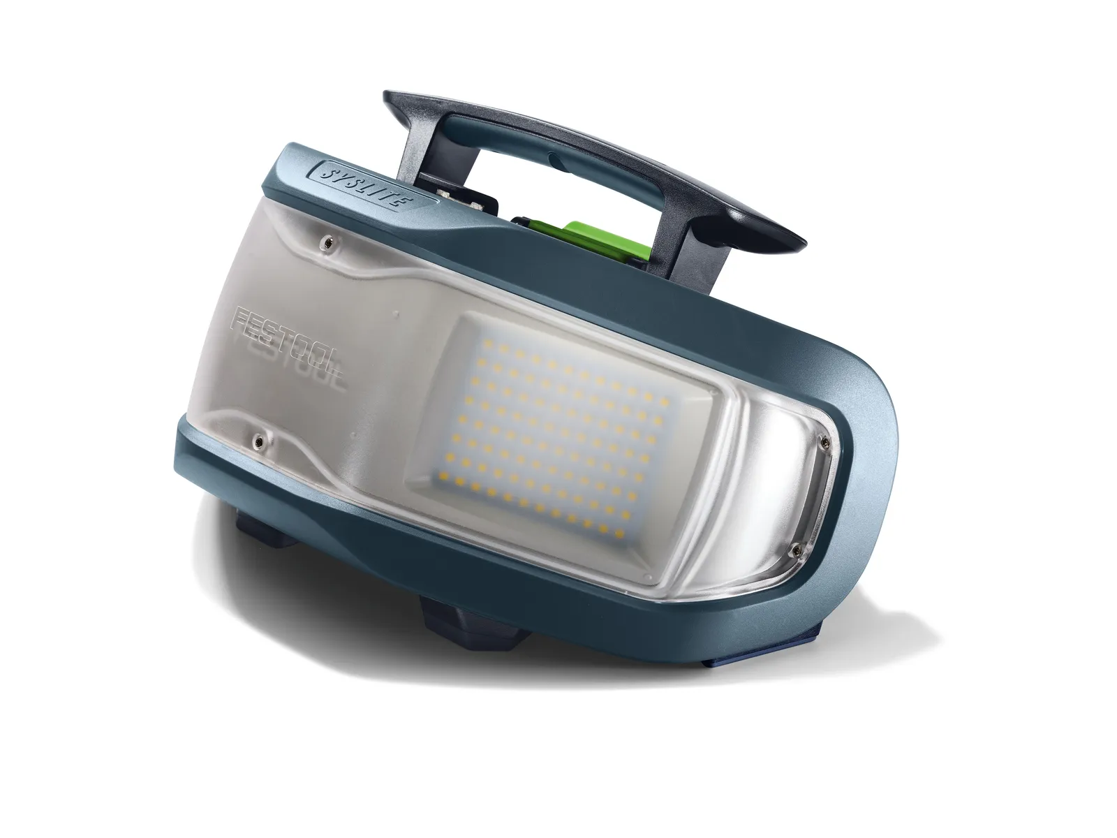 A portable LED work light in a blue-grey casing with a handle on top, viewed at an angle on a white background.