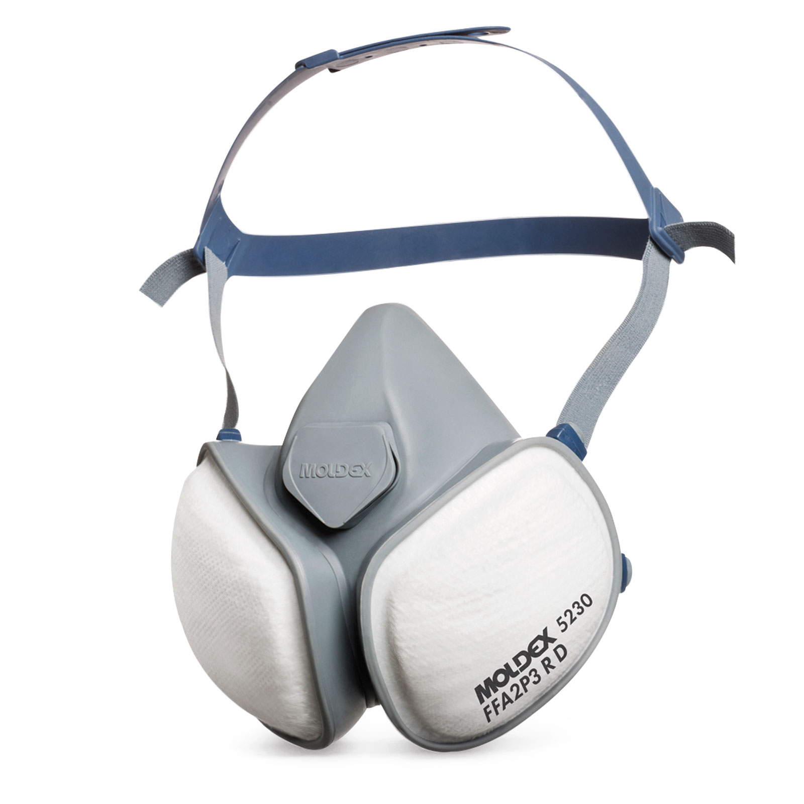 A grey and white protective respirator mask with adjustable head straps and a filter section.