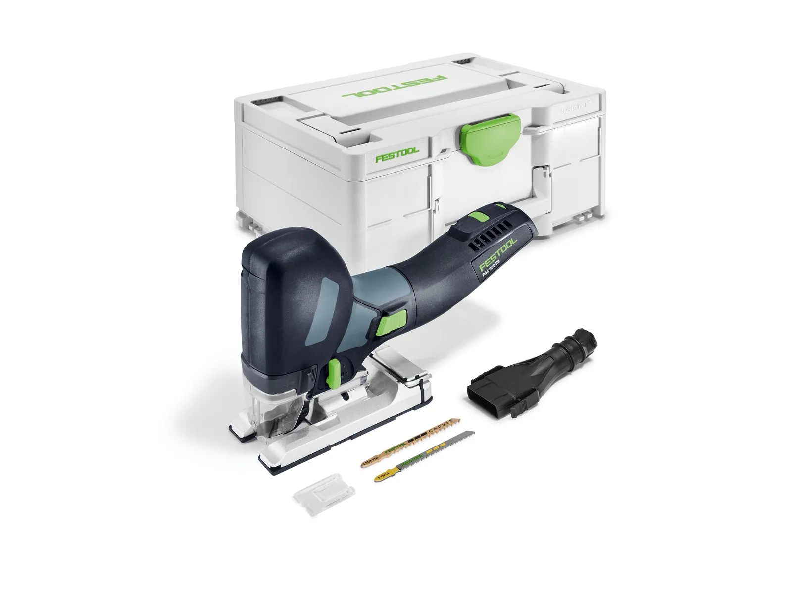 A Festool jigsaw is shown with a white carrying case, two saw blades, an adaptor, and a small plastic piece, all arranged on a white background.