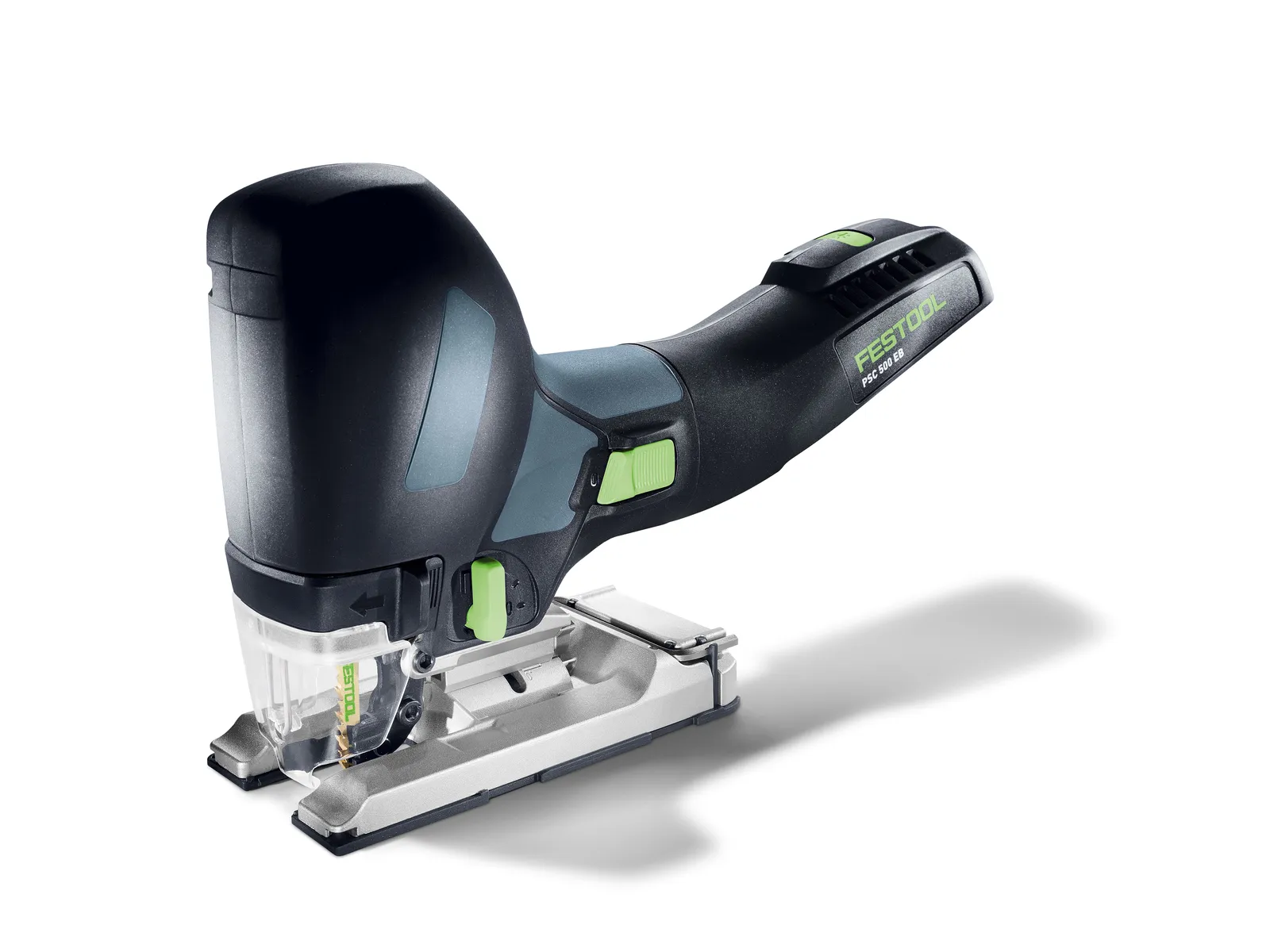 A cordless Festool jigsaw featuring a black and green ergonomic handle, clear blade guard, and metal base, set against a white background.
