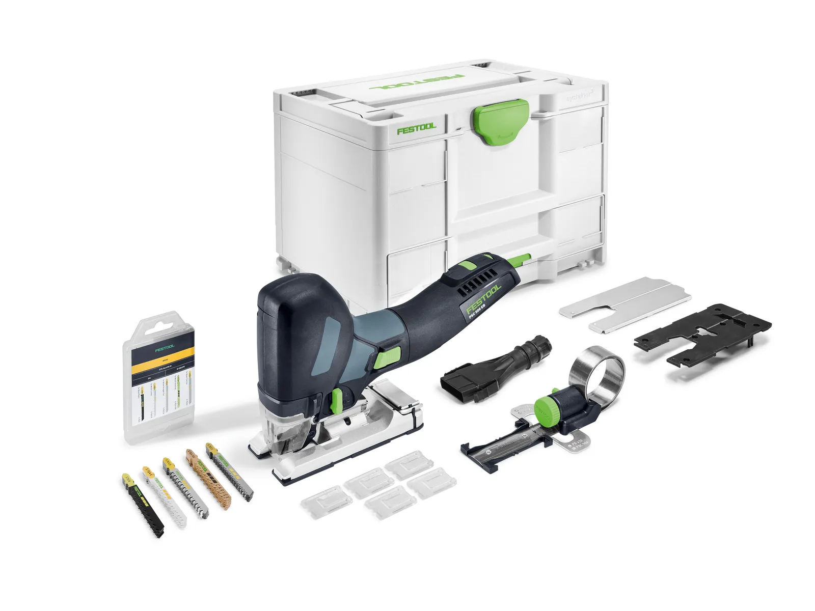 Cordless jigsaw set featuring a black and green jigsaw, multiple saw blades, accessories, and a white Festool carrying case, all neatly arranged on a white background.