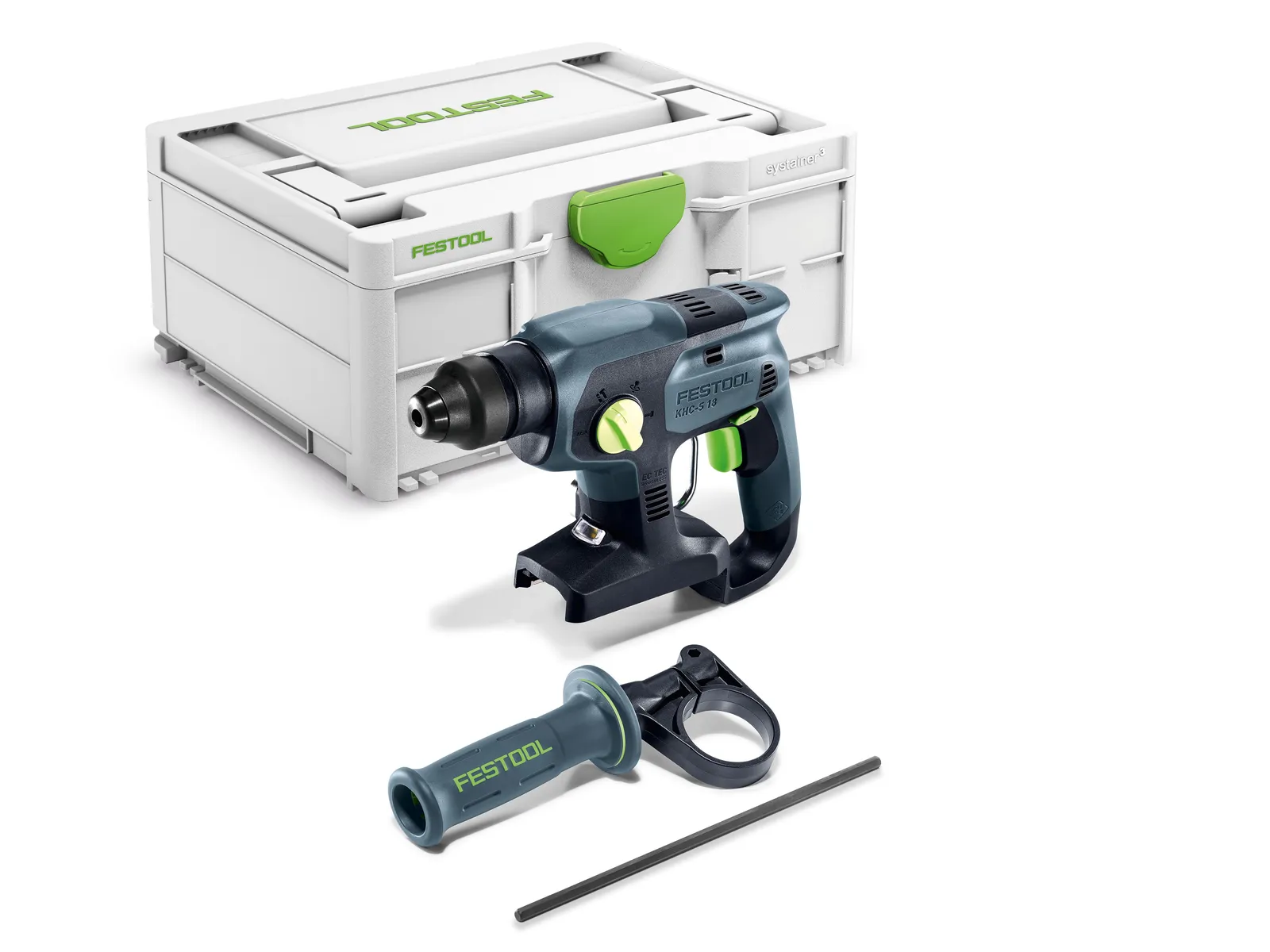 A Festool power drill with a detachable handle, drill bit, and black attachment sits in front of a white Festool storage box featuring green accents.