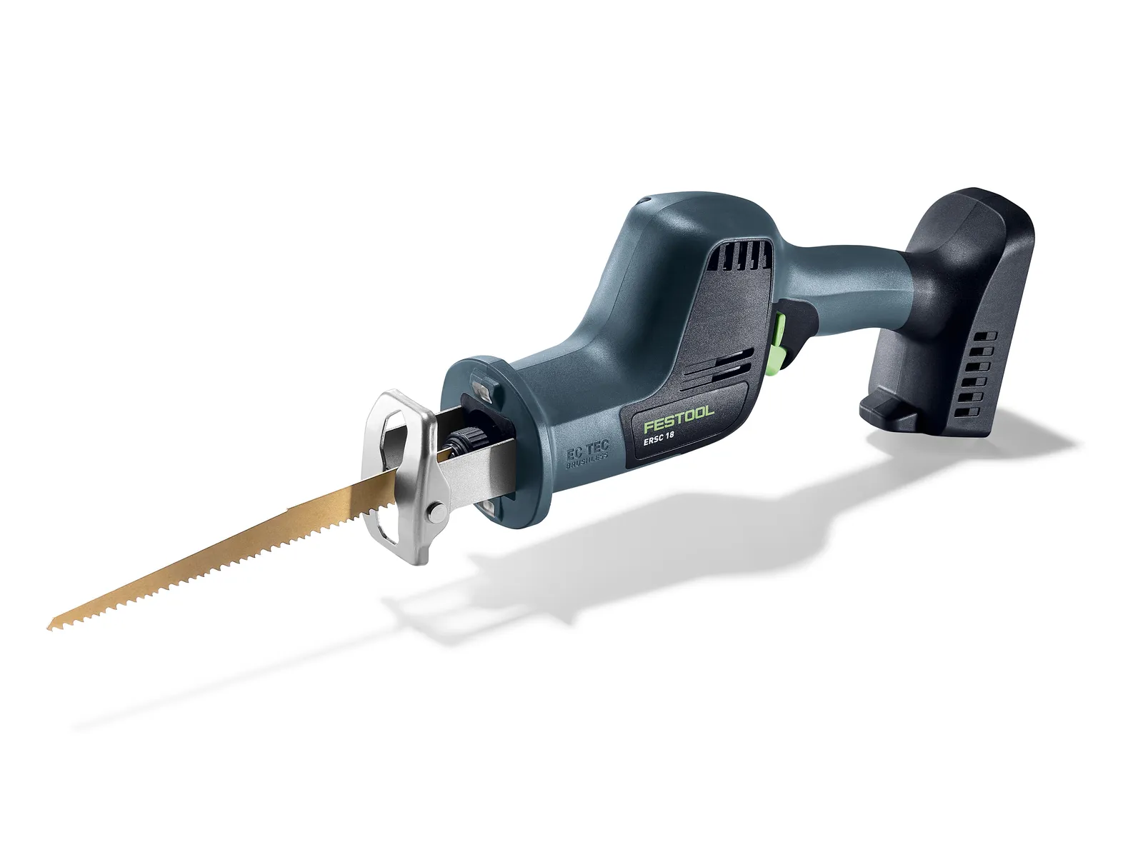 A cordless reciprocating saw featuring a black and teal body, silver blade guard, and an exposed serrated blade. The handle includes a trigger and is shaped for ergonomic grip.