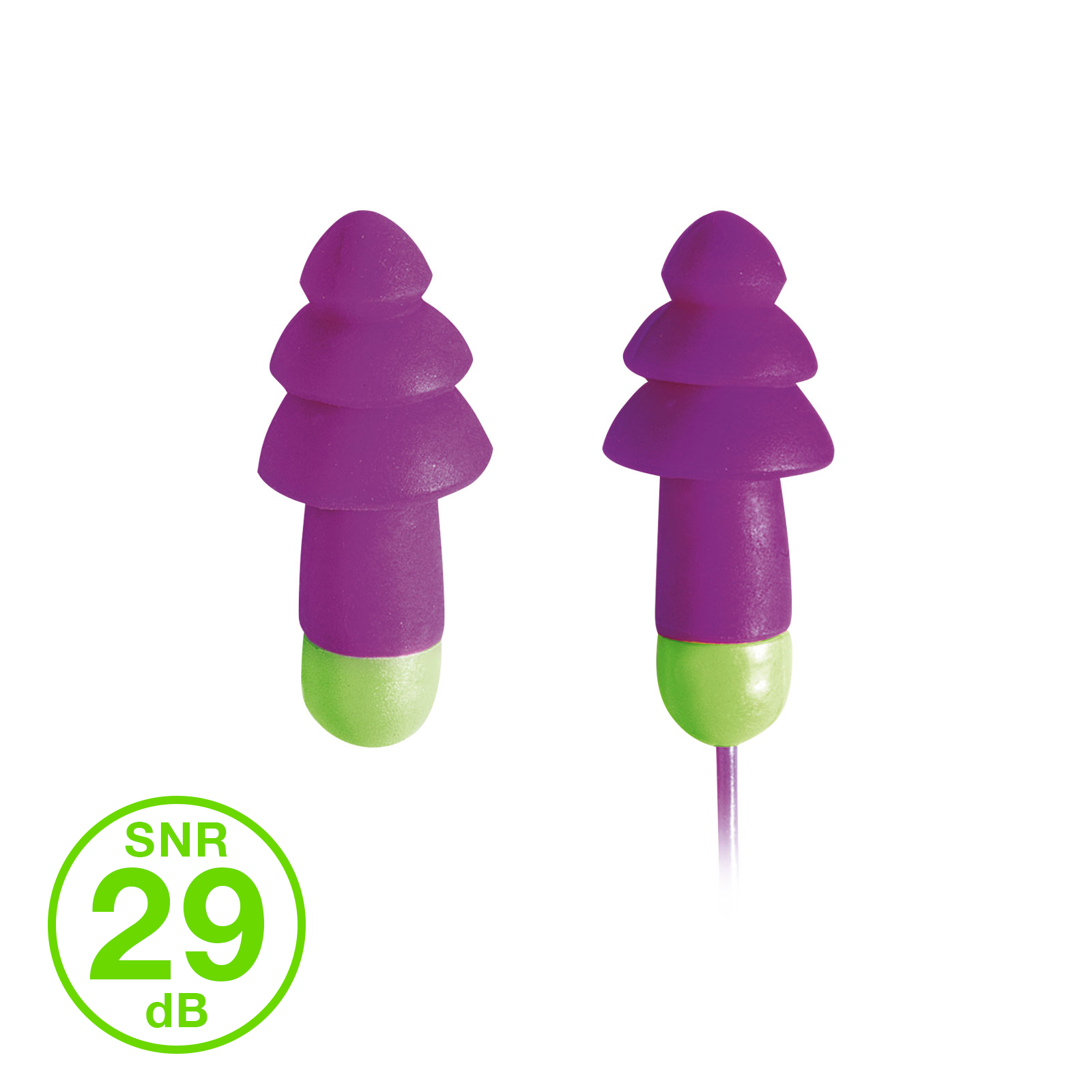 Two purple and green earplugs with a tree-like shape are shown.