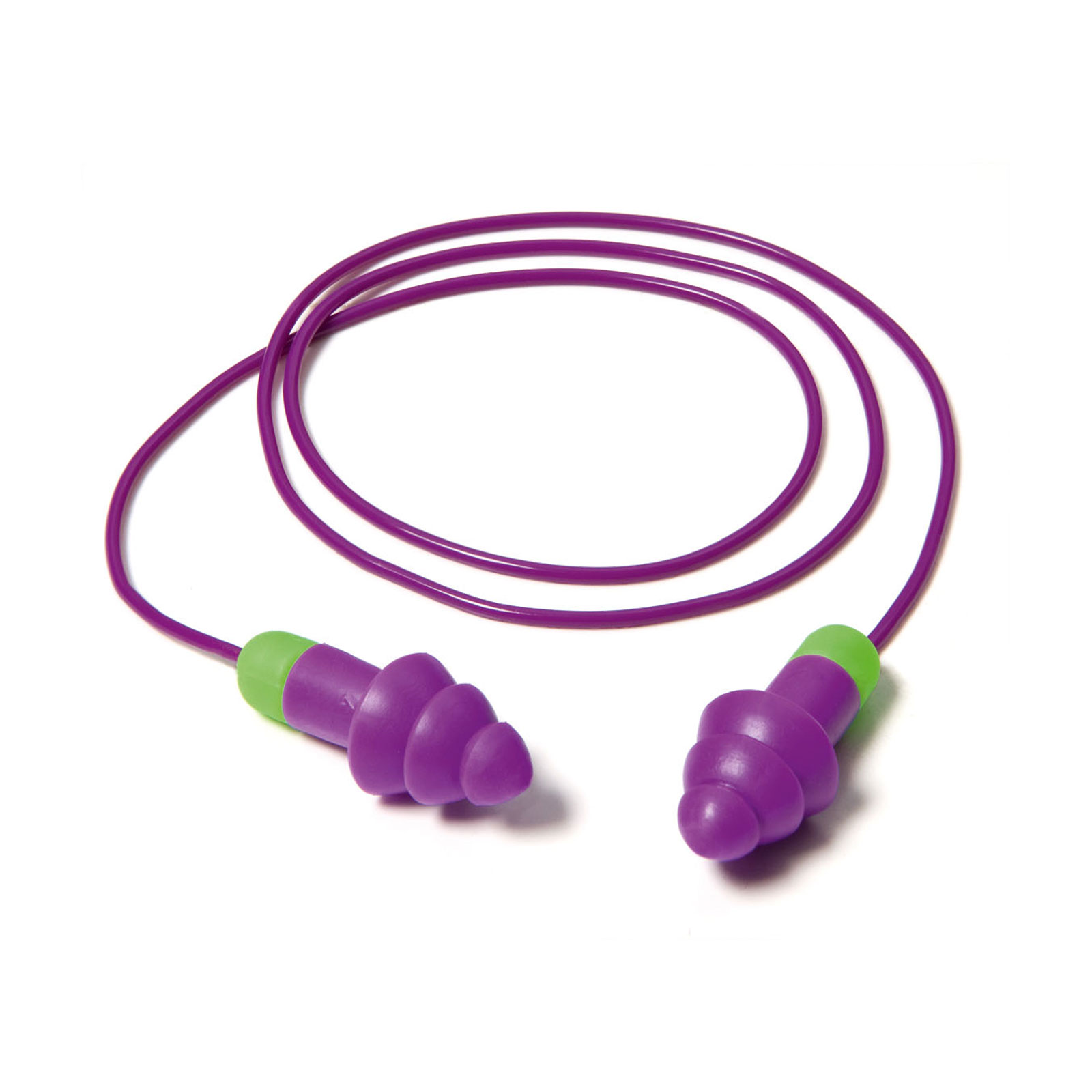 Purple corded earplugs with green ends, coiled loosely on a white background.