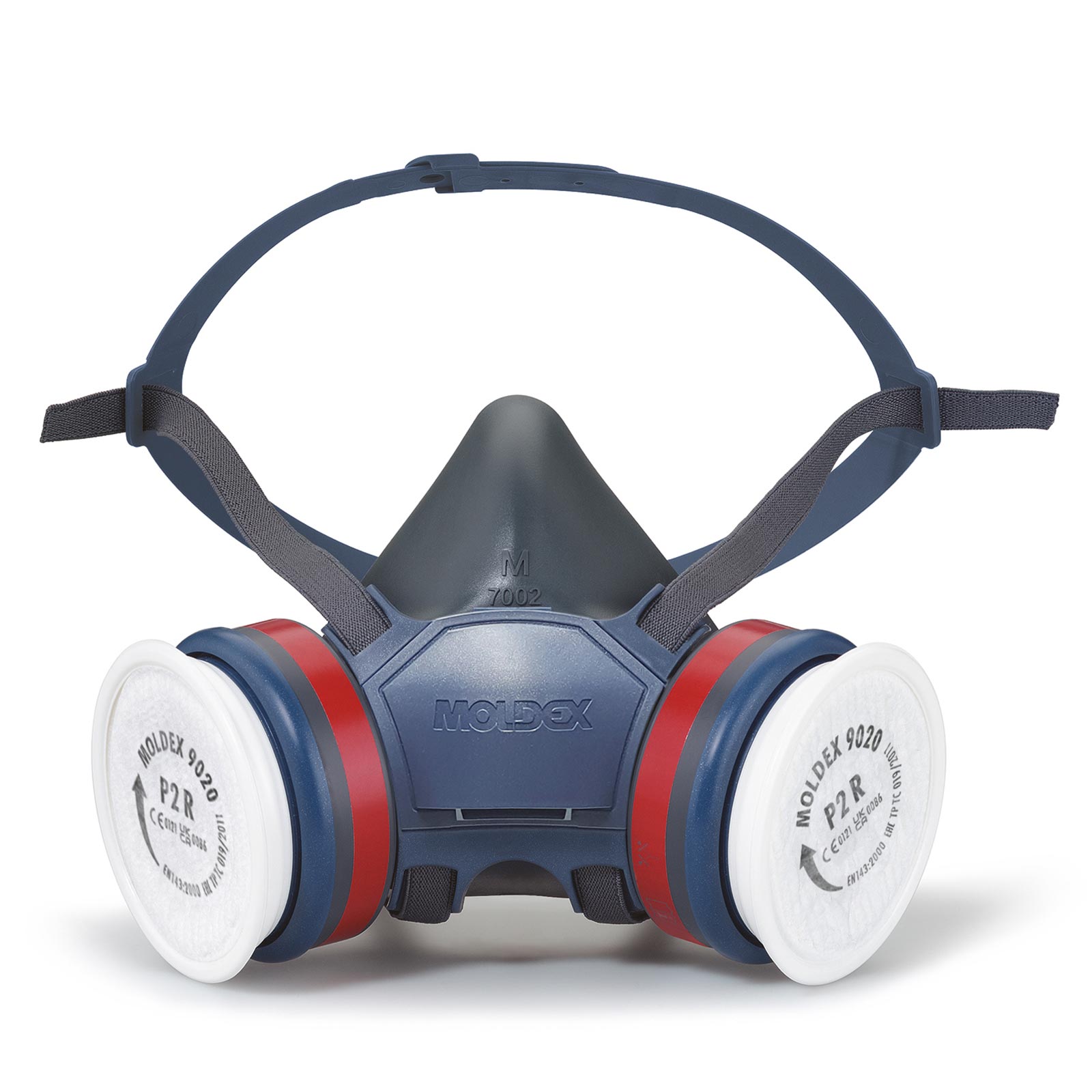 A dark blue and grey respirator mask with two white round filters attached and adjustable head straps.