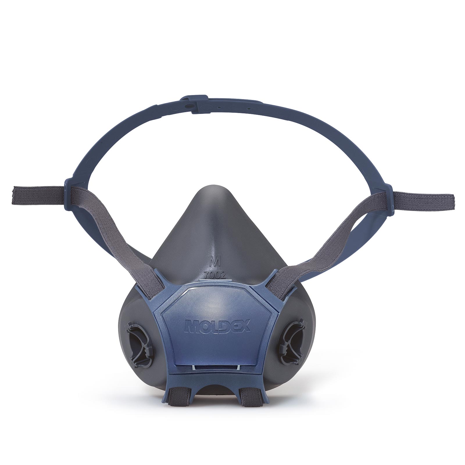 A dark blue and grey Moldex reusable respirator mask with adjustable head straps, shown facing forwards against a white background.