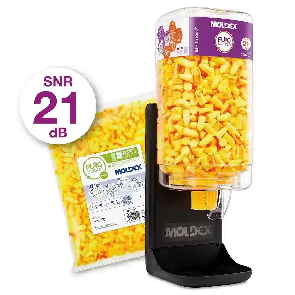 Wall-mounted Moldex MelLows Starter Kit, including wall bracket, station with 500 pairs of yellow foam earplugs, and a refill bag of Moldex MelLows.