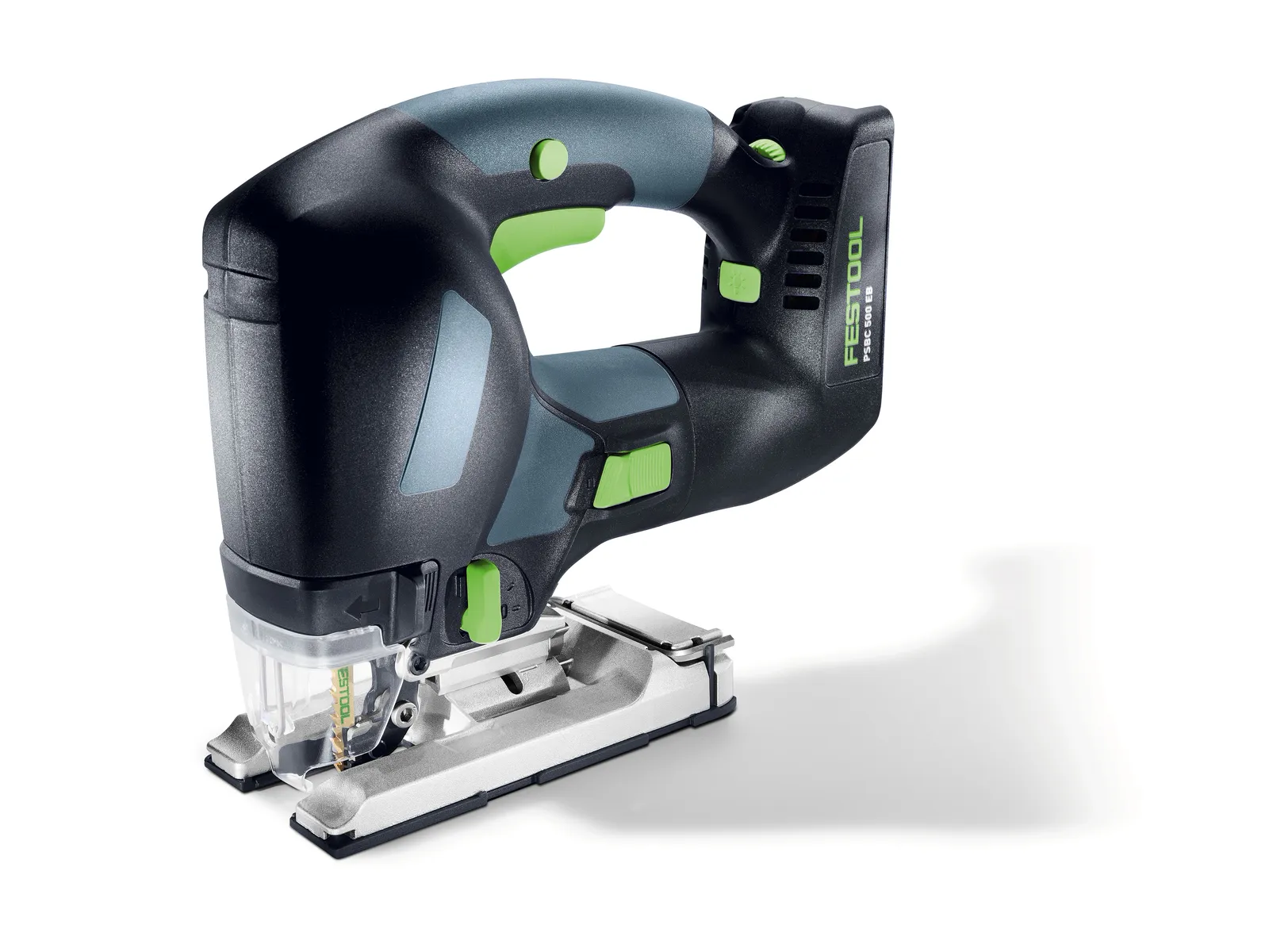 Cordless jigsaw featuring a black and green handle, silver base plate, and visible blade, set against a plain white background.