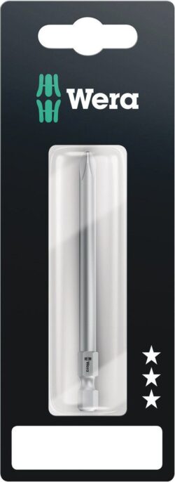 A Wera branded packaging containing a long silver screwdriver bit with a slotted tip, displayed vertically in a transparent plastic case, set against a black background.