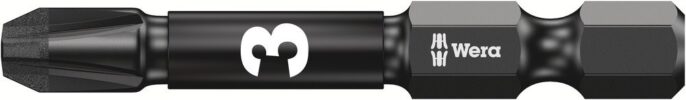 Black screwdriver bit featuring a white icon resembling two abstract people, set on a smooth, hexagonal metallic surface.