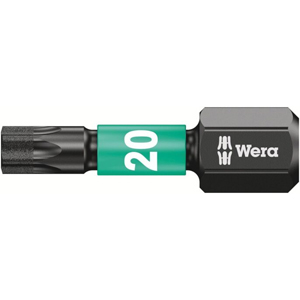A Wera 867/1 Imp DC Bit TX20/25 Impaktor from the 10-piece set has a green band, features a knurled end and hex shank, and displays white Wera branding on its black surface.