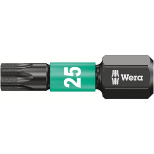 A Wera 867/1 Impaktor DC Bit TX25/25, finished in black and green. This durable TX25 impact screwdriver bit is designed for high-performance fastening tasks and is available in a 10-piece pack.